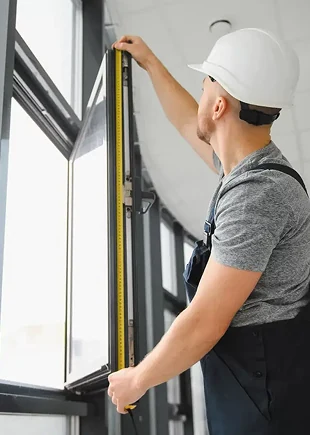 Handwerker misst ein Fenster auf